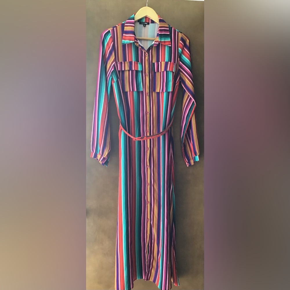 Rainbow Striped Fashion Nova Shirt Dress w/ Belt